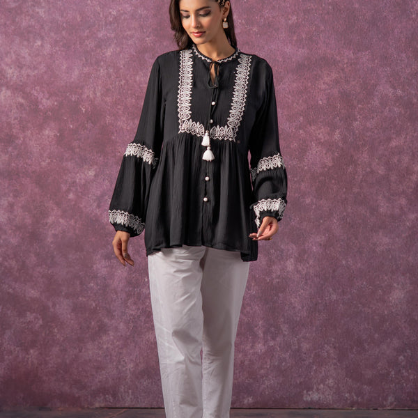Juniper Women'S Black & White Embroidered Viscose Tunic With Thread Work, Buttons & Tassels