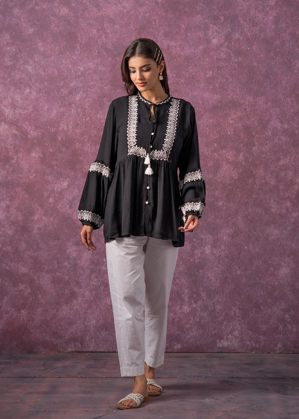 Juniper Women'S Black & White Embroidered Viscose Tunic With Thread Work, Buttons & Tassels