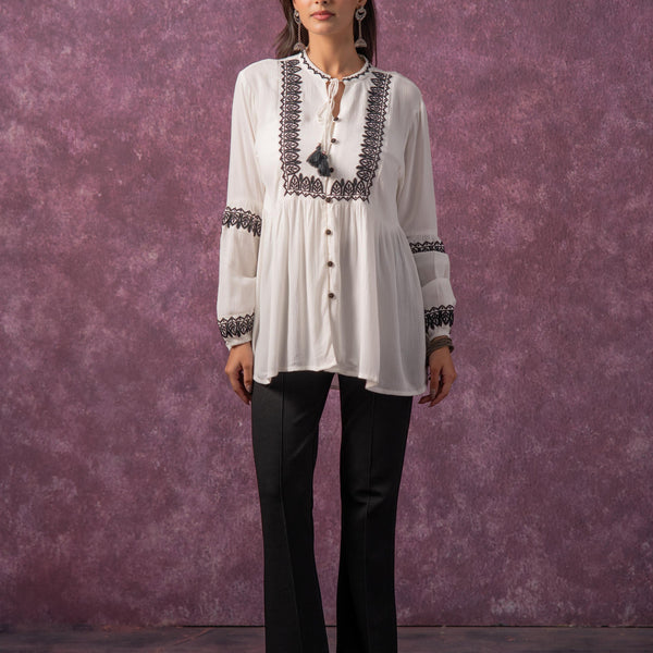 Juniper Women'S White Embroidered Viscose Tunic With Thread Work, Buttons & Tassels