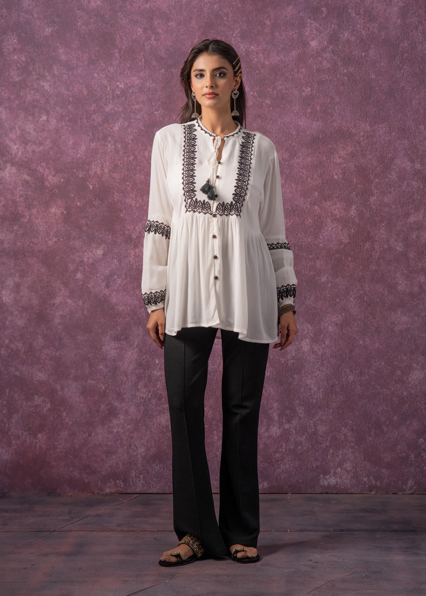 Juniper Women'S White Embroidered Viscose Tunic With Thread Work, Buttons & Tassels - Distacart