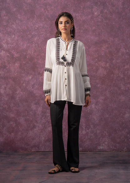 Juniper Women'S White Embroidered Viscose Tunic With Thread Work, Buttons & Tassels - Distacart