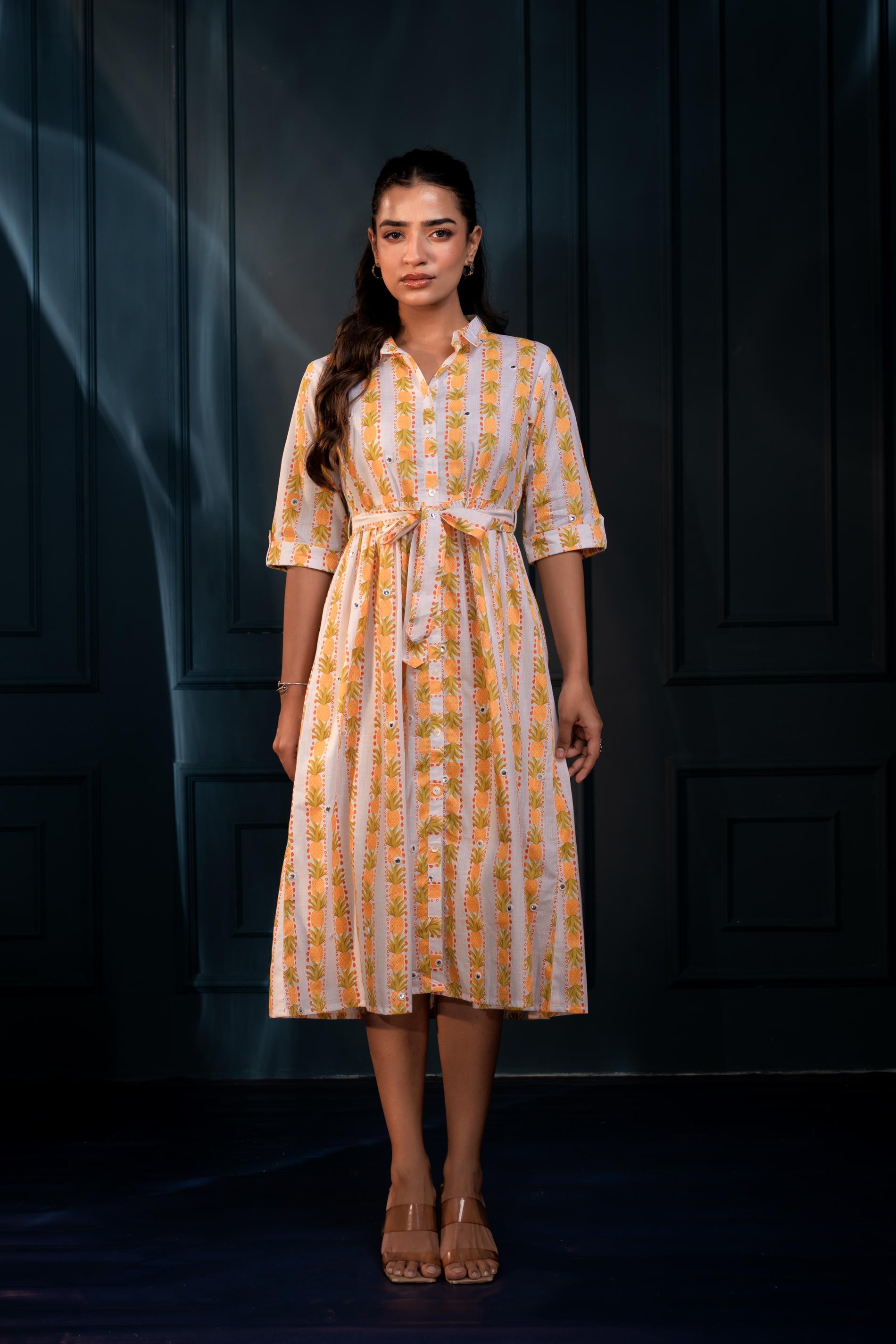 Juniper Yellow Floral Cotton Shirt Dress With Belt – Gathread Waist & Mirror Work