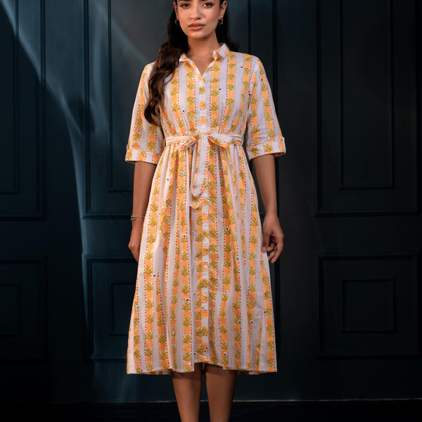 Juniper Yellow Floral Cotton Shirt Dress With Belt – Gathread Waist & Mirror Work