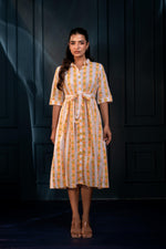 Thumbnail for Juniper Yellow Floral Cotton Shirt Dress With Belt – Gathread Waist & Mirror Work