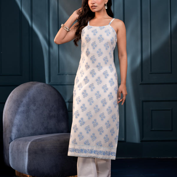 Juniper Women'S Teal Blue & Grey Floral Cotton Sleeveless Kurta