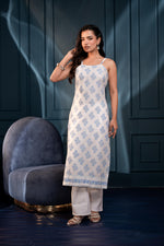 Thumbnail for Juniper Women'S Teal Blue & Grey Floral Cotton Sleeveless Kurta