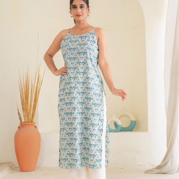 Juniper Sky Blue & White Floral Printed Cotton Kurta