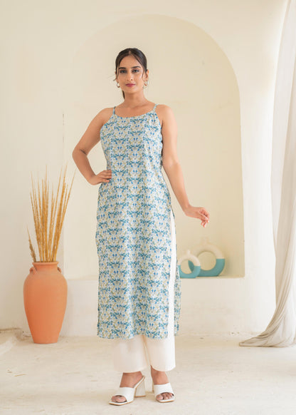 Juniper Sky Blue & White Floral Printed Cotton Kurta - Distacart