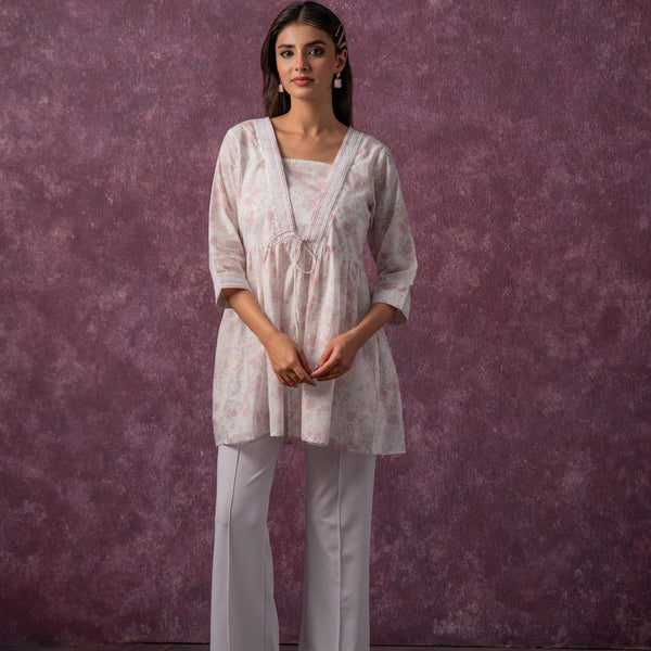 Juniper Women'S Off White & Pink Floral Cotton Tunic With Lace And Dori Details