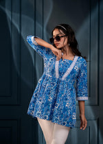 Thumbnail for Juniper Blue & White Floral Printed Viscose Tunic With Lace & Dori Tie