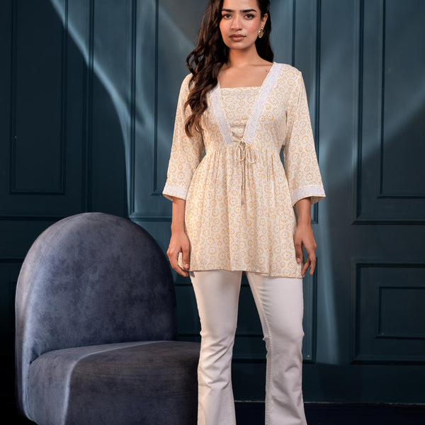 Juniper Off-White & Mustard Floral Printed Viscose Tunic With Lace & Dori Tie