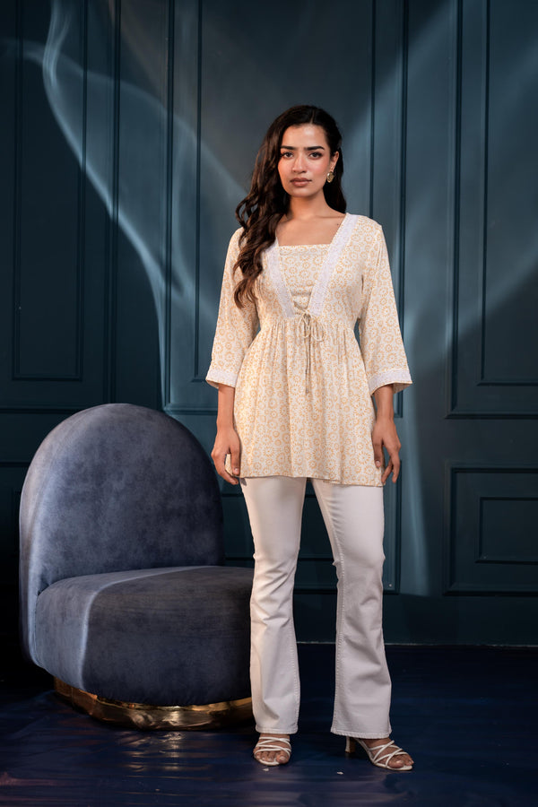 Juniper Off-White & Mustard Floral Printed Viscose Tunic With Lace & Dori Tie
