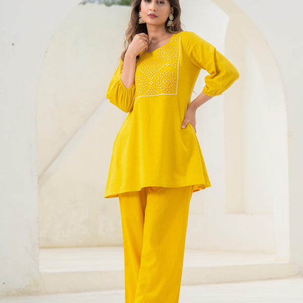 Juniper Mustard Embroidered Cotton Kurta-Pant Co-Ord Set With Mirror & Thread Work,