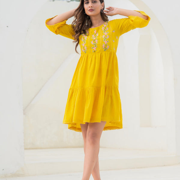 Juniper Mustard Embroidered Cotton Tiered Dress – Mirror & Thread Work