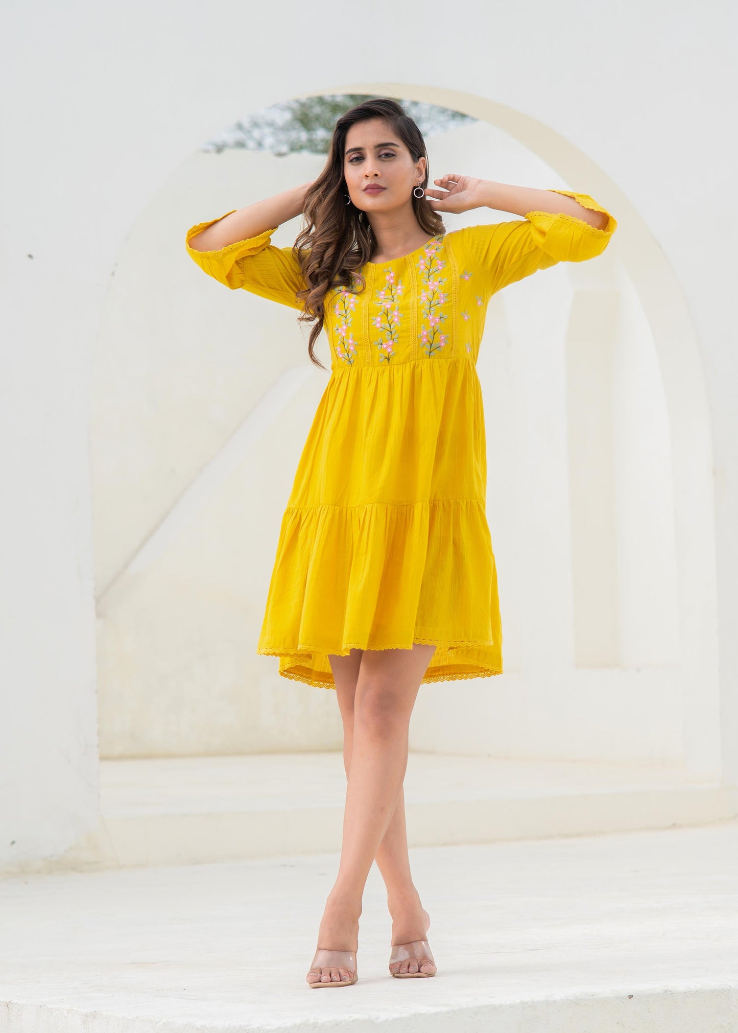 Juniper Mustard Embroidered Cotton Tiered Dress – Mirror & Thread Work - Distacart