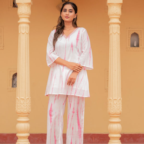 Juniper Pink Tie-Dye Printed Cotton Kurta-Pant Co-Ord Set