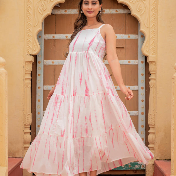 Juniper Women'S Pink & White Tie-Dye Tiered Cotton Long Dress