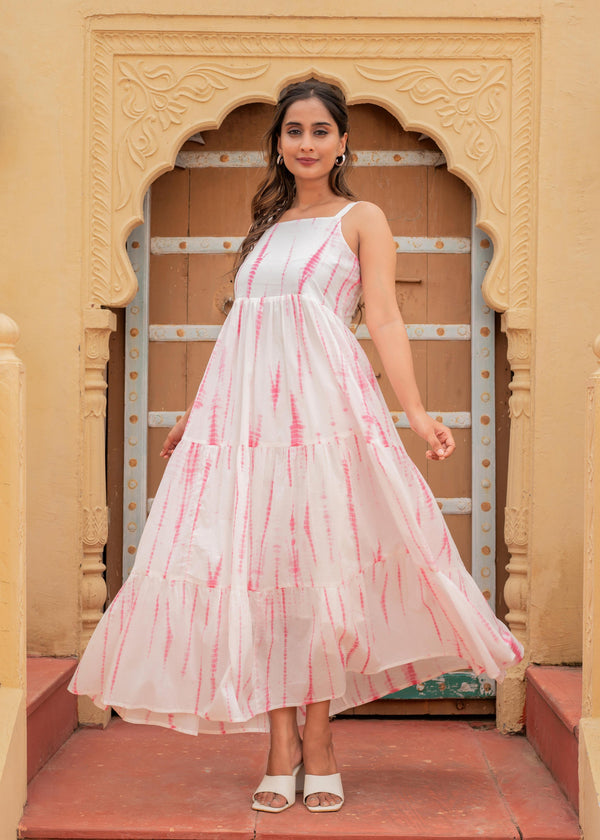 Juniper Women'S Pink & White Tie-Dye Tiered Cotton Long Dress