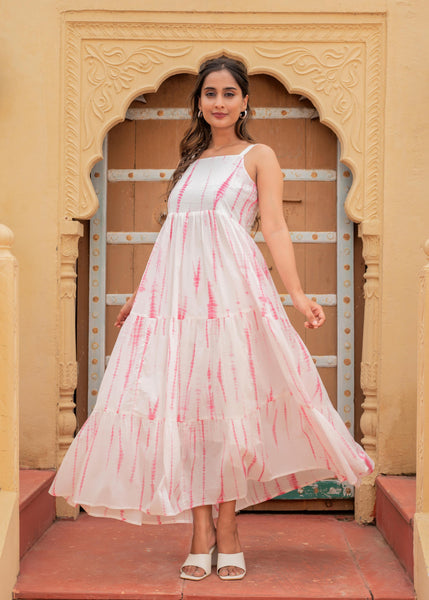 Juniper Women'S Pink & White Tie-Dye Tiered Cotton Long Dress