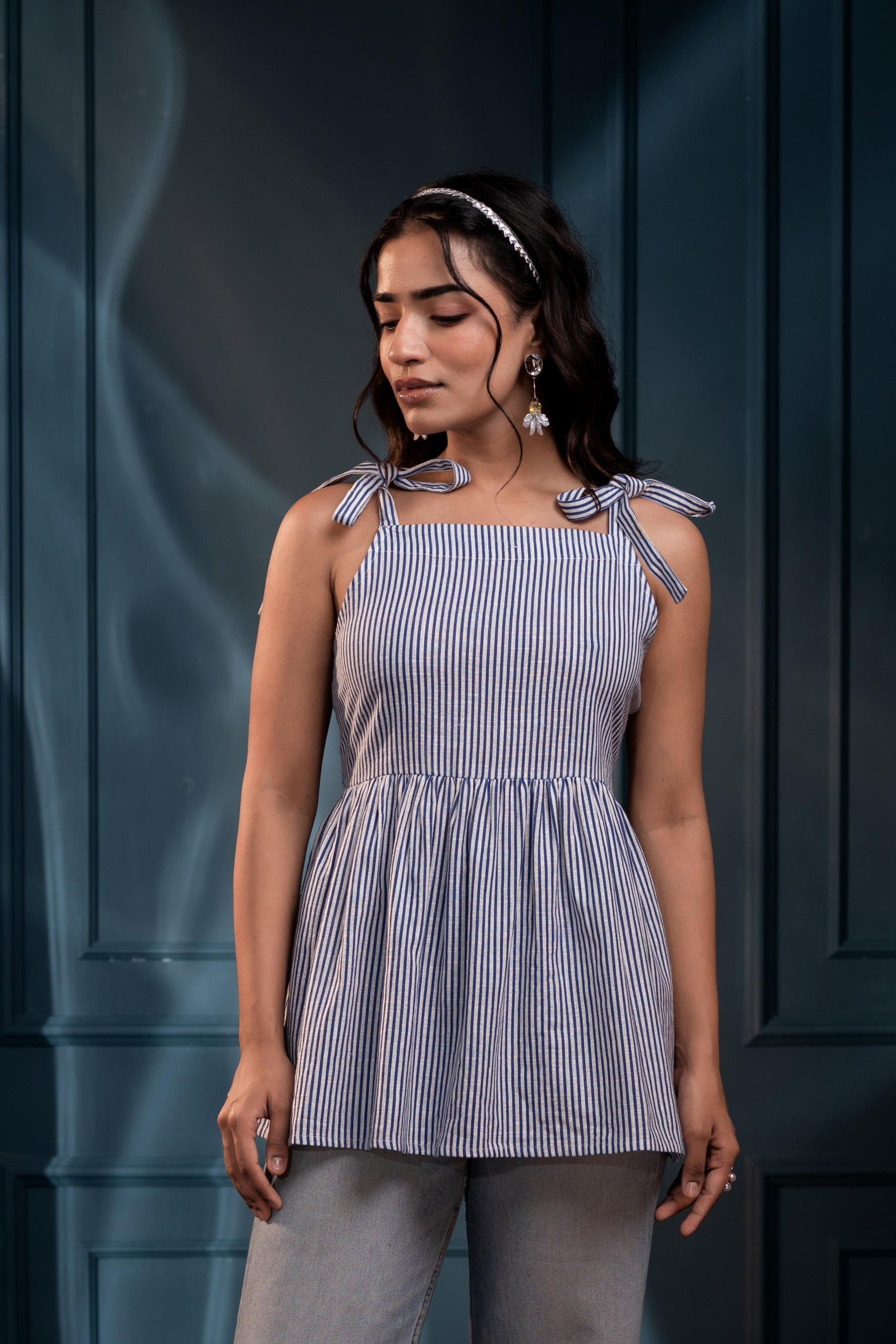 Juniper Women'S Blue & White Striped Flared Cotton Top