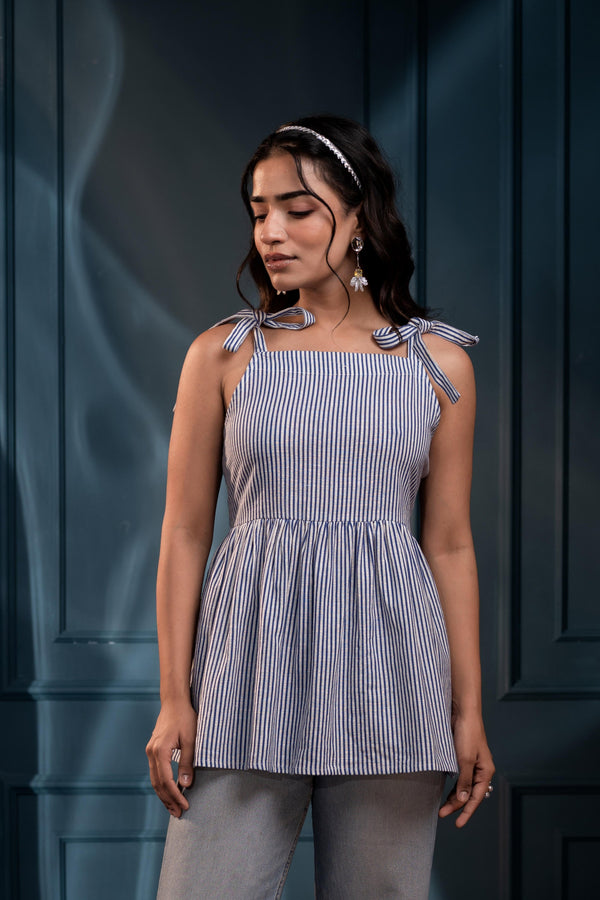 Juniper Women'S Blue & White Striped Flared Cotton Top