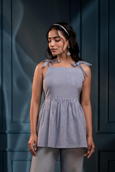 Juniper Women'S Blue & White Striped Flared Cotton Top