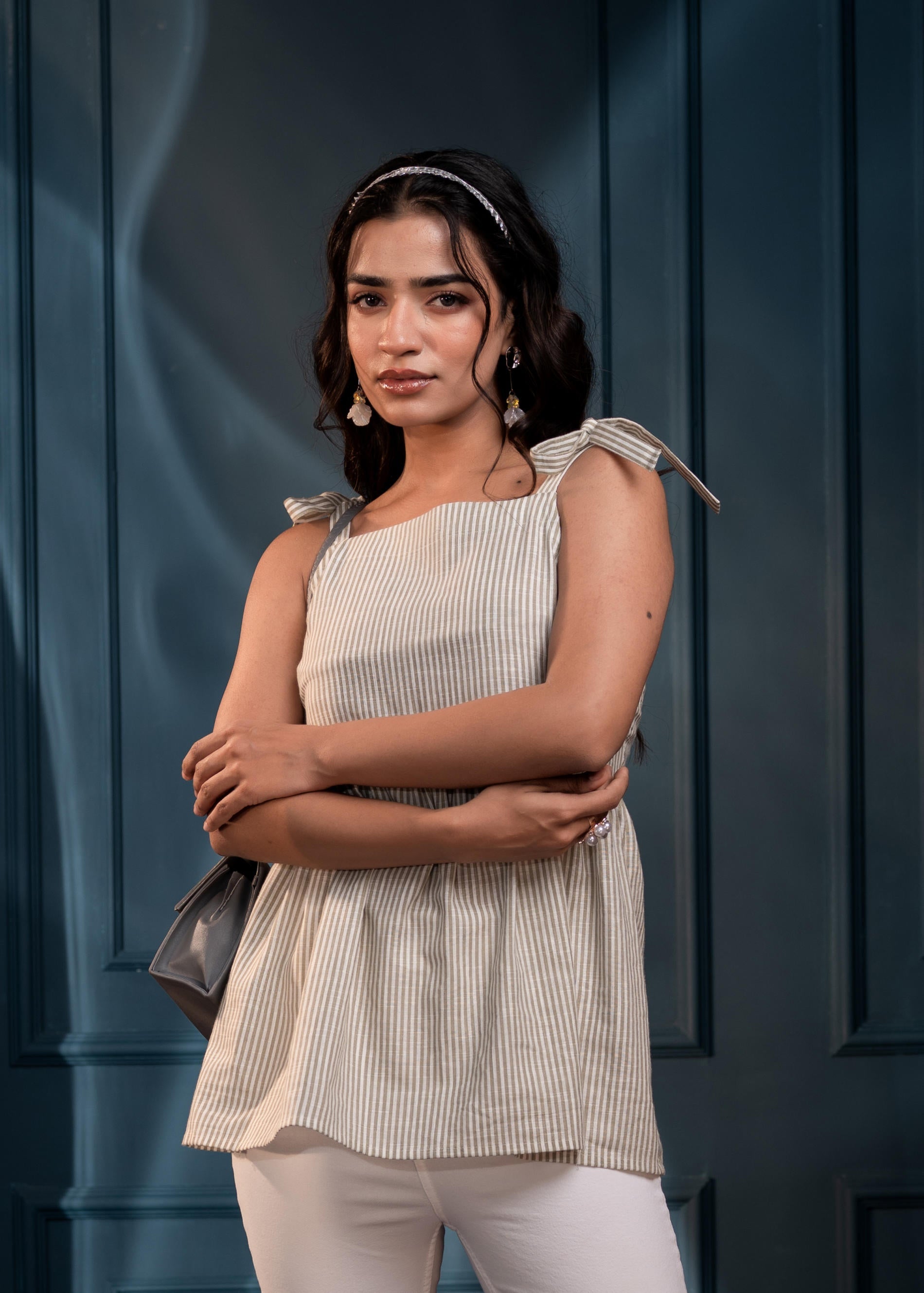 Juniper Women'S Sage Green Striped Flared Cotton Top - Distacart