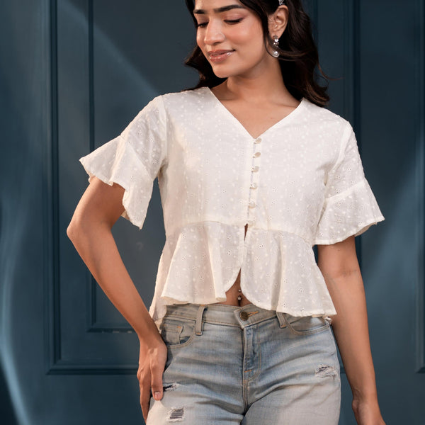 Juniper Women'S Off-White Embroidered Cotton Top With Schiffli And Thread Work