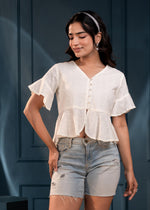 Thumbnail for Juniper Women'S Off-White Embroidered Cotton Top With Schiffli And Thread Work