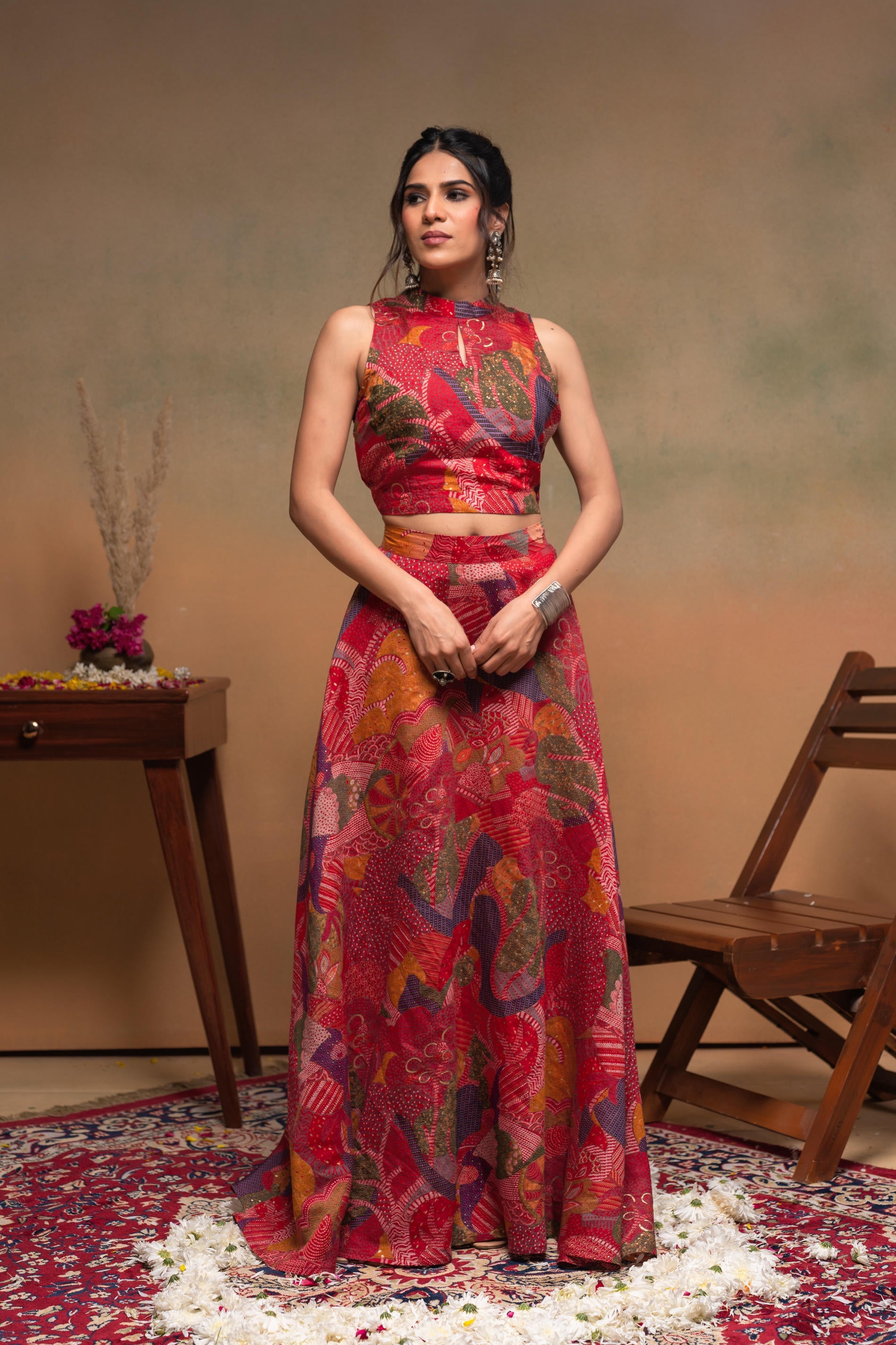 Juniper Women'S Red Ethnic Motifs Co-Ord Set With Turtle Neck Top & Flared Skirt - Distacart