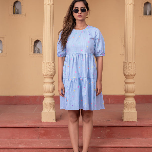 Juniper Women'S Sky Blue & White Striped Cotton Short Dress