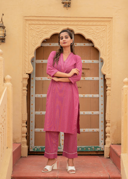 Juniper Women'S Pink Striped Cotton Kurta & Pants Co-Ord Set With Thread And Mirror Work