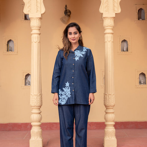 Juniper Women'S Blue Embroidered Cotton Top & Pants Co-Ord Set With Thread Work