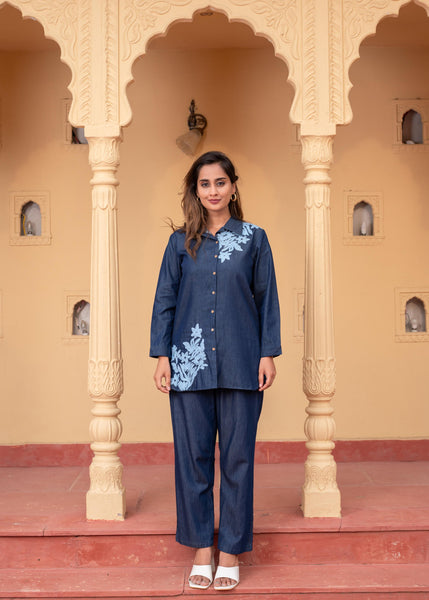 Juniper Women'S Blue Embroidered Cotton Top & Pants Co-Ord Set With Thread Work