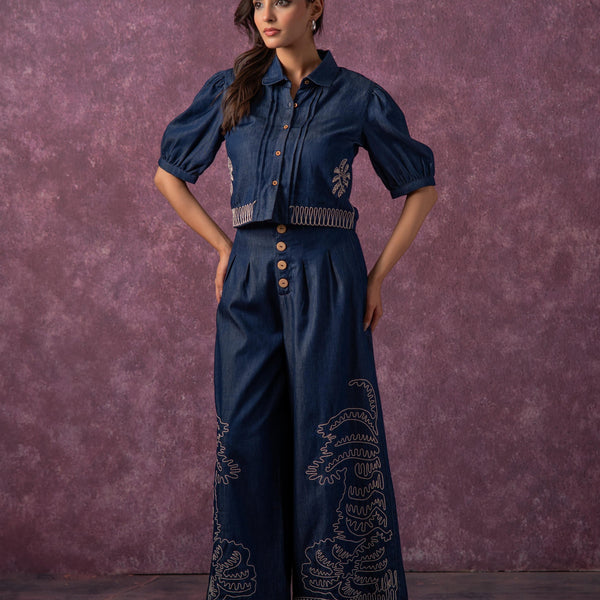 Juniper Embroidered Navy Blue Shirt & Straight Pants Co-Ord Set