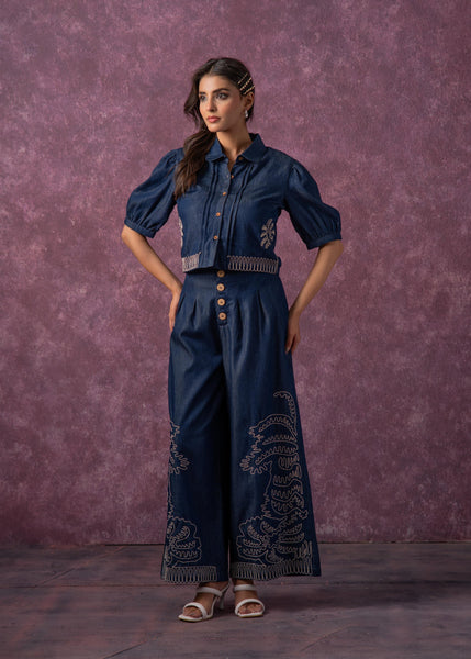 Juniper Embroidered Navy Blue Shirt & Straight Pants Co-Ord Set