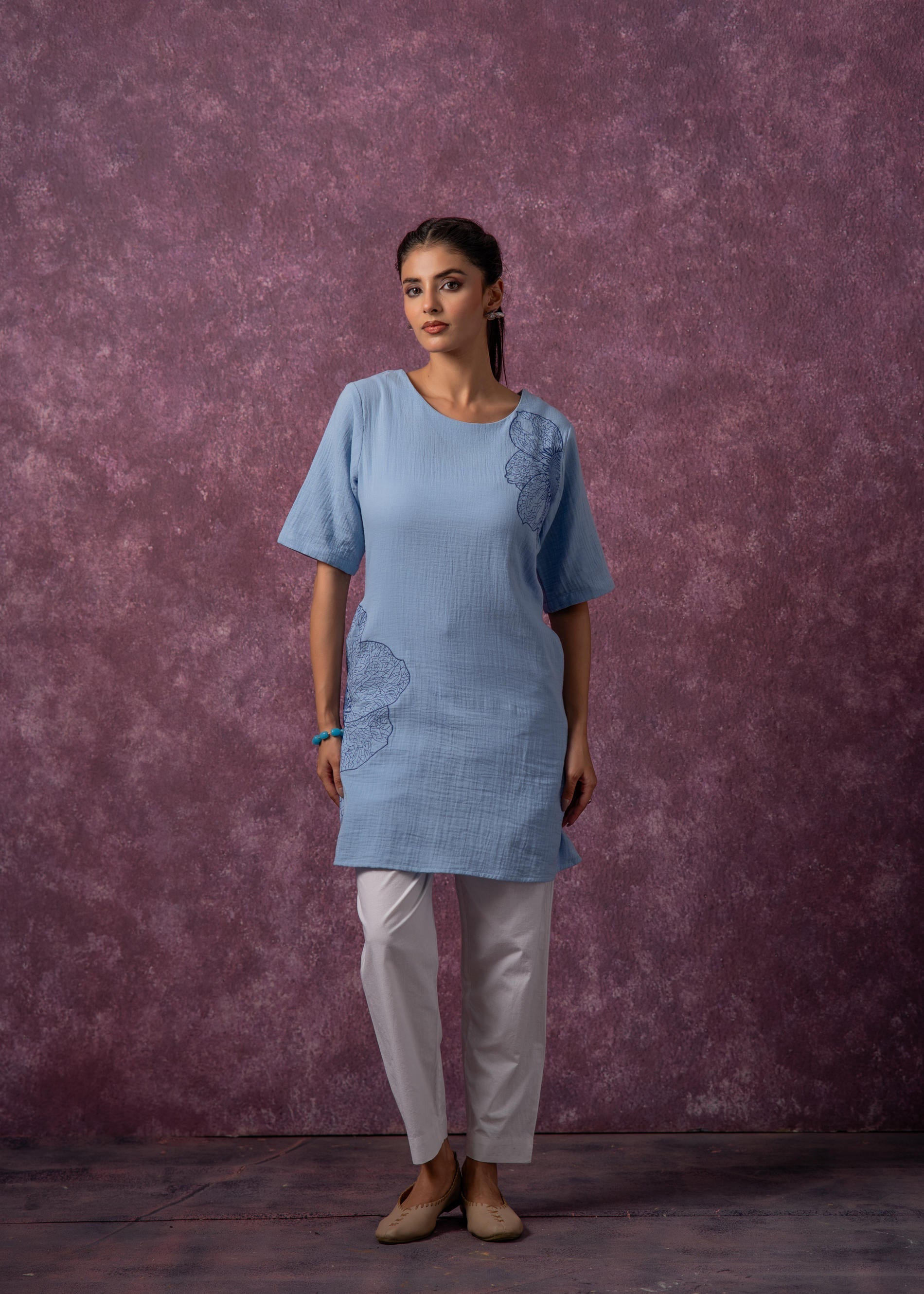 Juniper Sky Blue Cotton Embroidered Straight Kurta For Women
