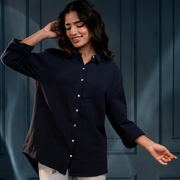 Juniper Women'S Navy Cotton Shirt With Full Sleeves And Front Slit