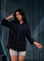 Thumbnail for Juniper Women'S Navy Cotton Shirt With Full Sleeves And Front Slit