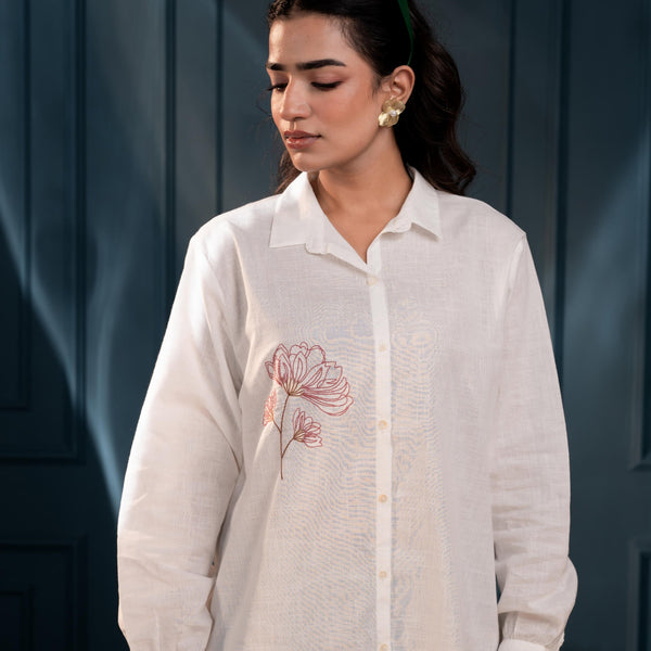 Juniper Women'S White Cotton Shirt With Thread Work And Full Sleeves