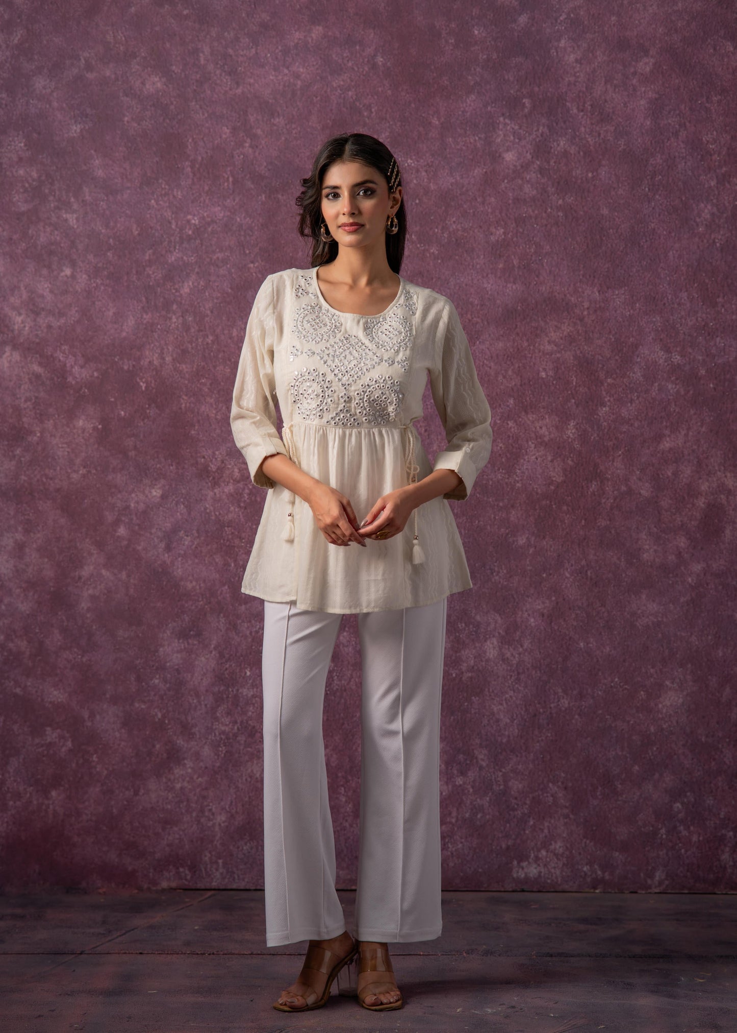 Juniper Women'S Off-White Cotton Tunic With Thread & Mirror Work - Distacart