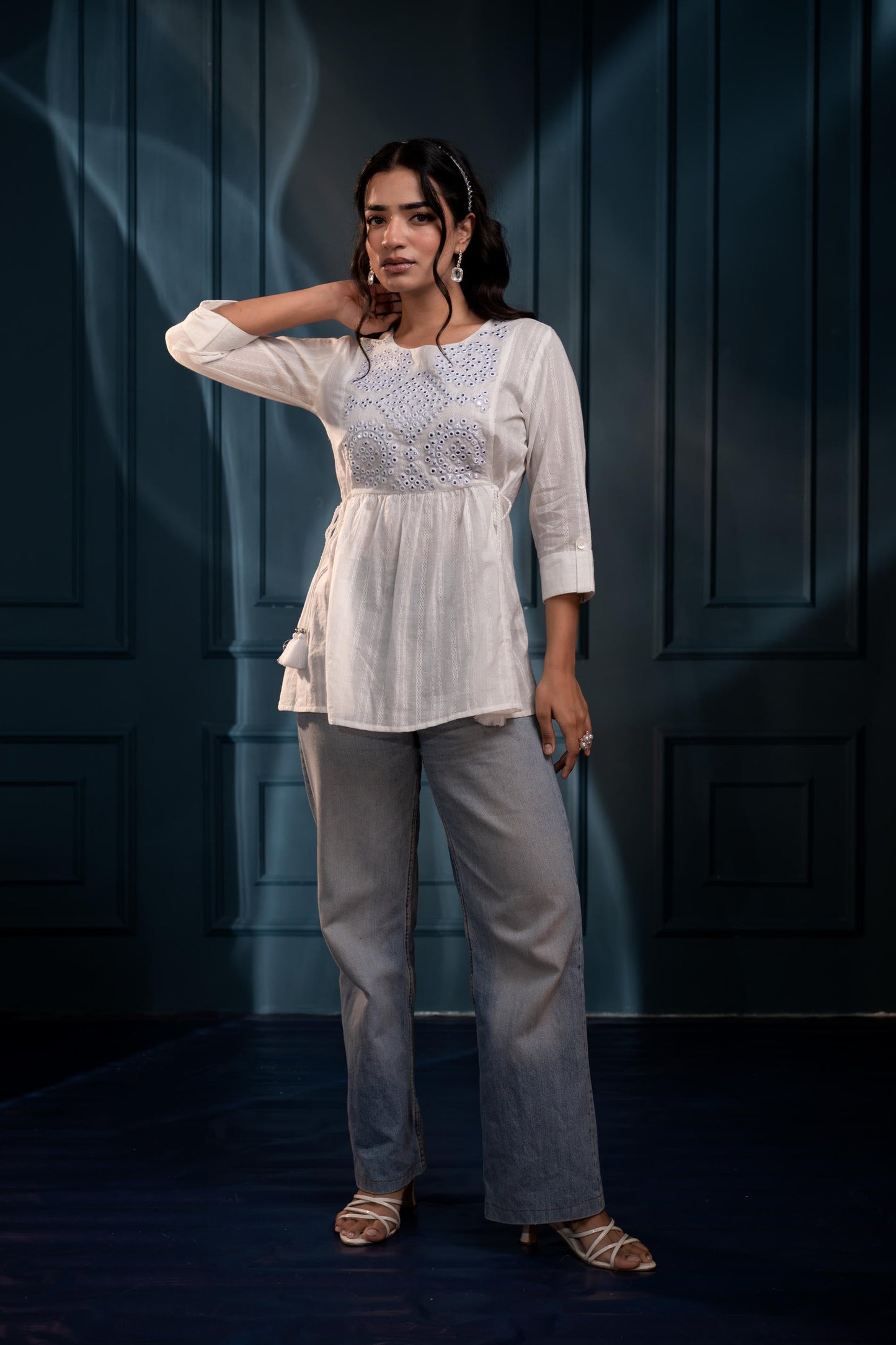 Juniper Women'S White Embroidered Cotton Tunic With Thread And Mirror Work - Distacart