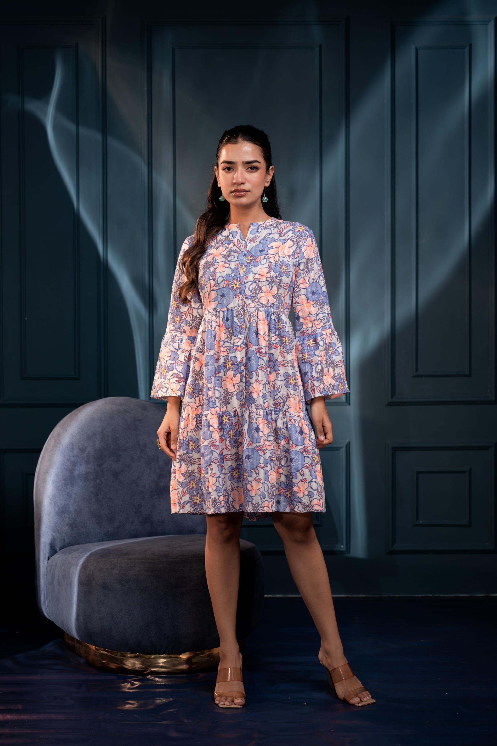 Juniper Women'S Blue & Orange Floral Cotton Short Dress