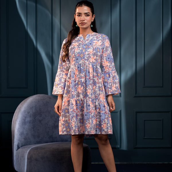 Juniper Women'S Blue & Orange Floral Cotton Short Dress