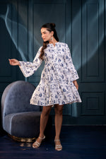 Thumbnail for Juniper Women'S Off-White & Blue Cotton Short Dress With Tropical Print