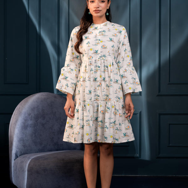 Juniper Women'S White & Green Ethnic Motifs Cotton Short Dress