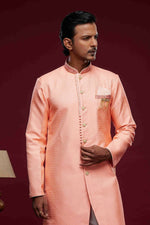 Thumbnail for Raivat Ethnic Banarasi Jacquard Embroidery Semi Indo Western Sherwani In Pink Colour