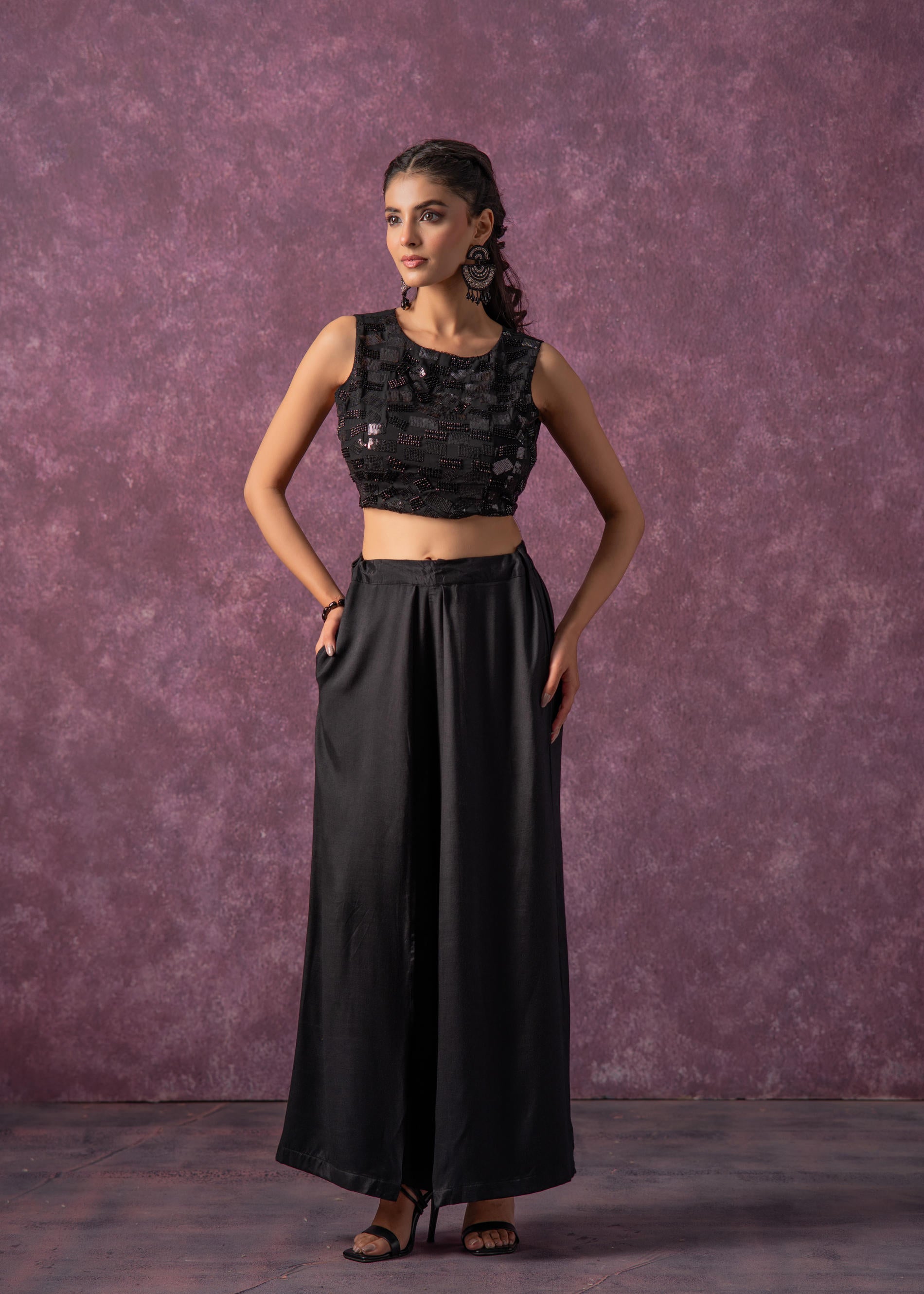 Juniper Black Solid Embellished Sleeveless Top With Beads & Sequence Work - Distacart