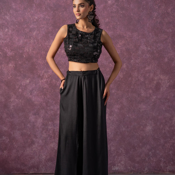 Juniper Black Solid Embellished Sleeveless Top With Beads & Sequence Work