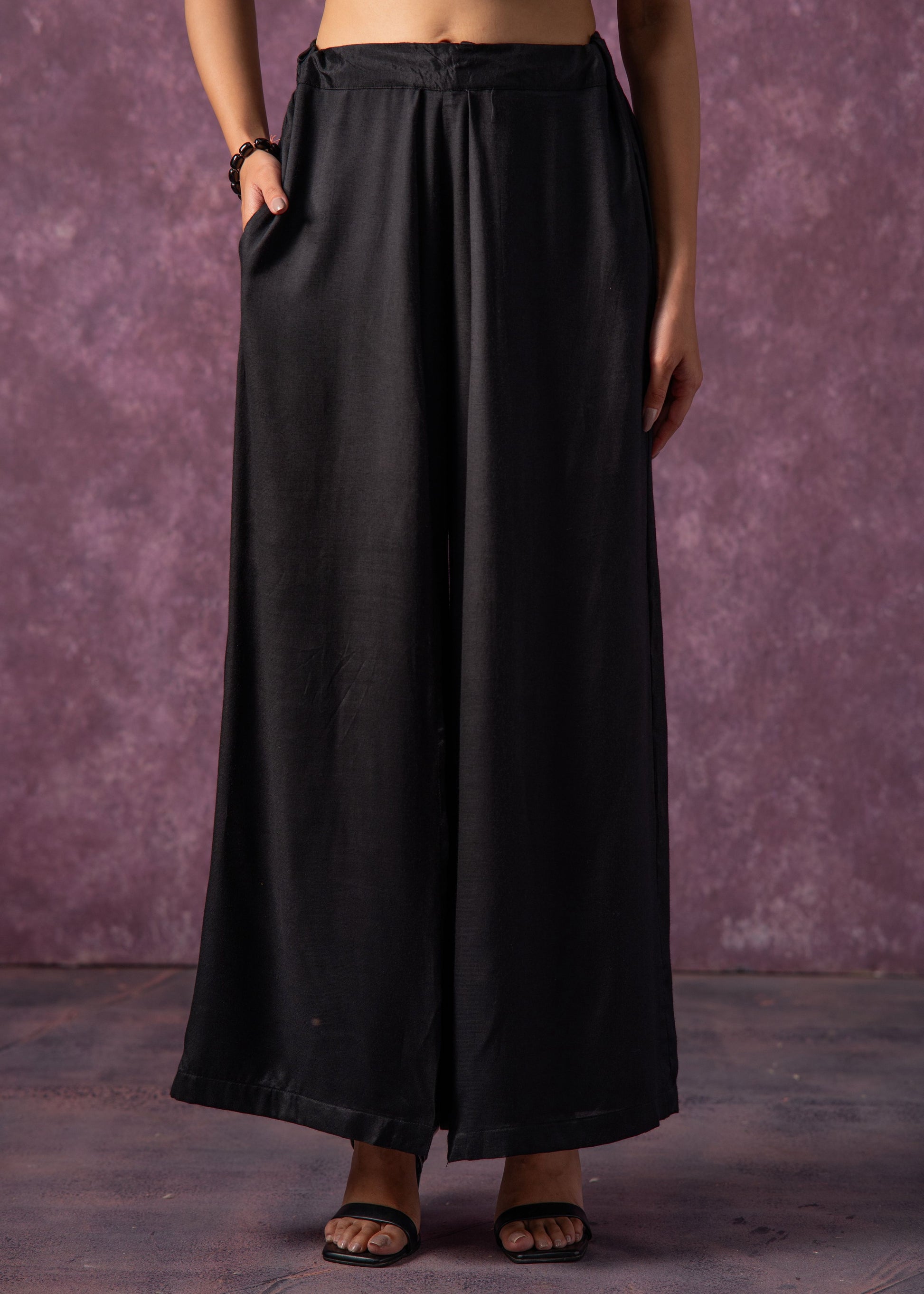 Juniper Solid Black Flared Palazzo Pants - Distacart
